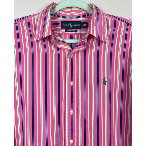 Ralph Lauren Classic Fit Bold Striped Button Down Shirt Pink Multi Medium - Picture 2 of 13